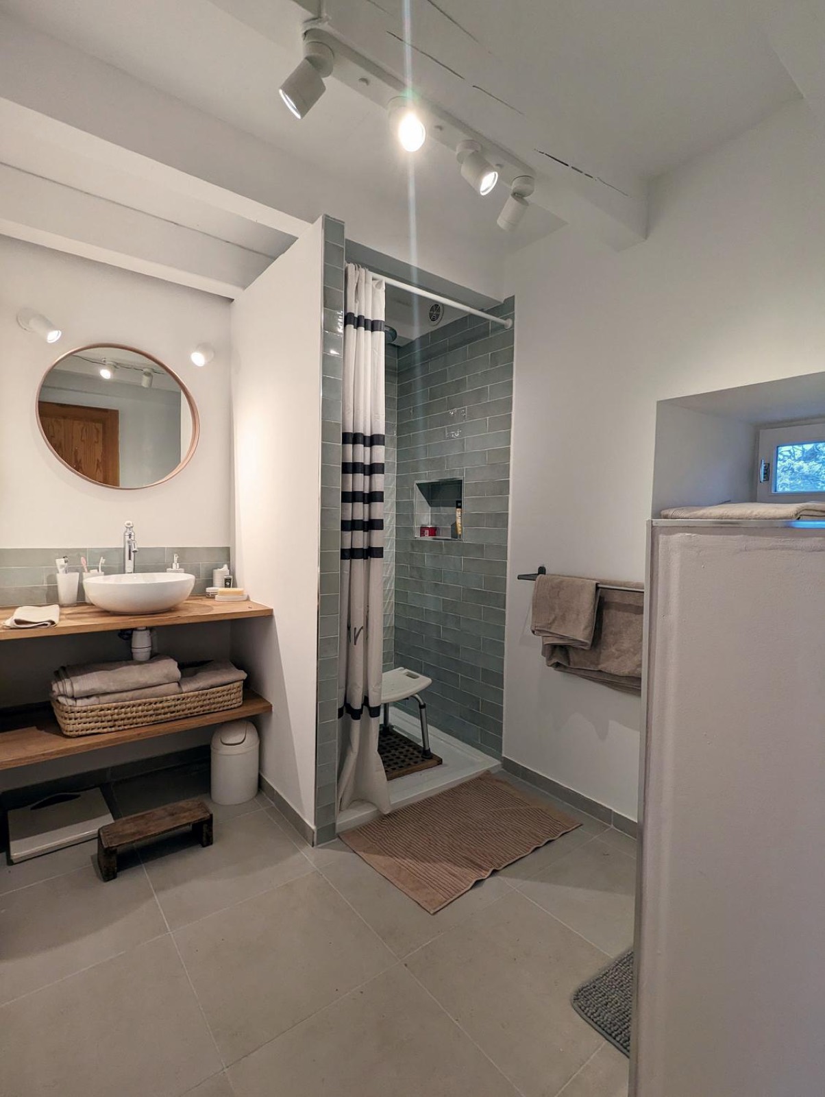 Bathroom, sage-green tiled shower
